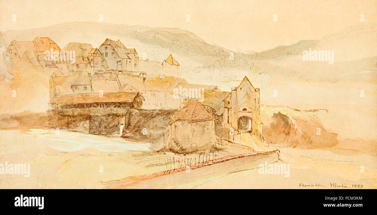 Deutschland, Baden-Württemberg, Lörrach, Rheinfelden-Brücke im Jahre 1858, Farbe Halbton Aquarell-Skizze von John Ruskin Stockfoto