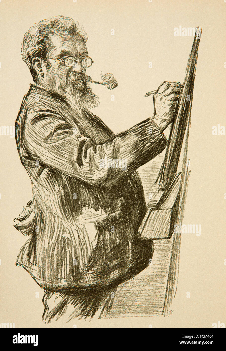 Künstler Henry Stacy Marks an seiner Staffelei, skizzierte Porträt von Paul Renouart, monochrome Halbton Abbildung Stockfoto