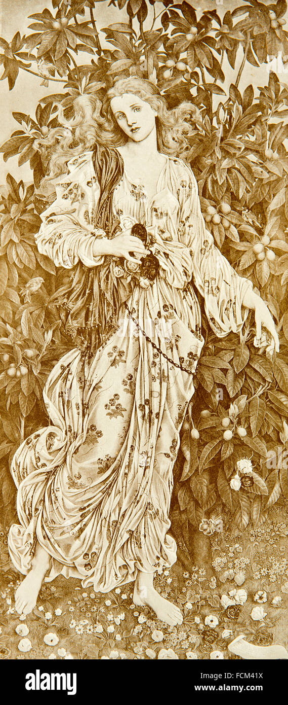 Flora von Künstlerin Evelyn de Morgan, Sepia monochrome Halbton Illustration aus 1900 Studio Magazin Stockfoto