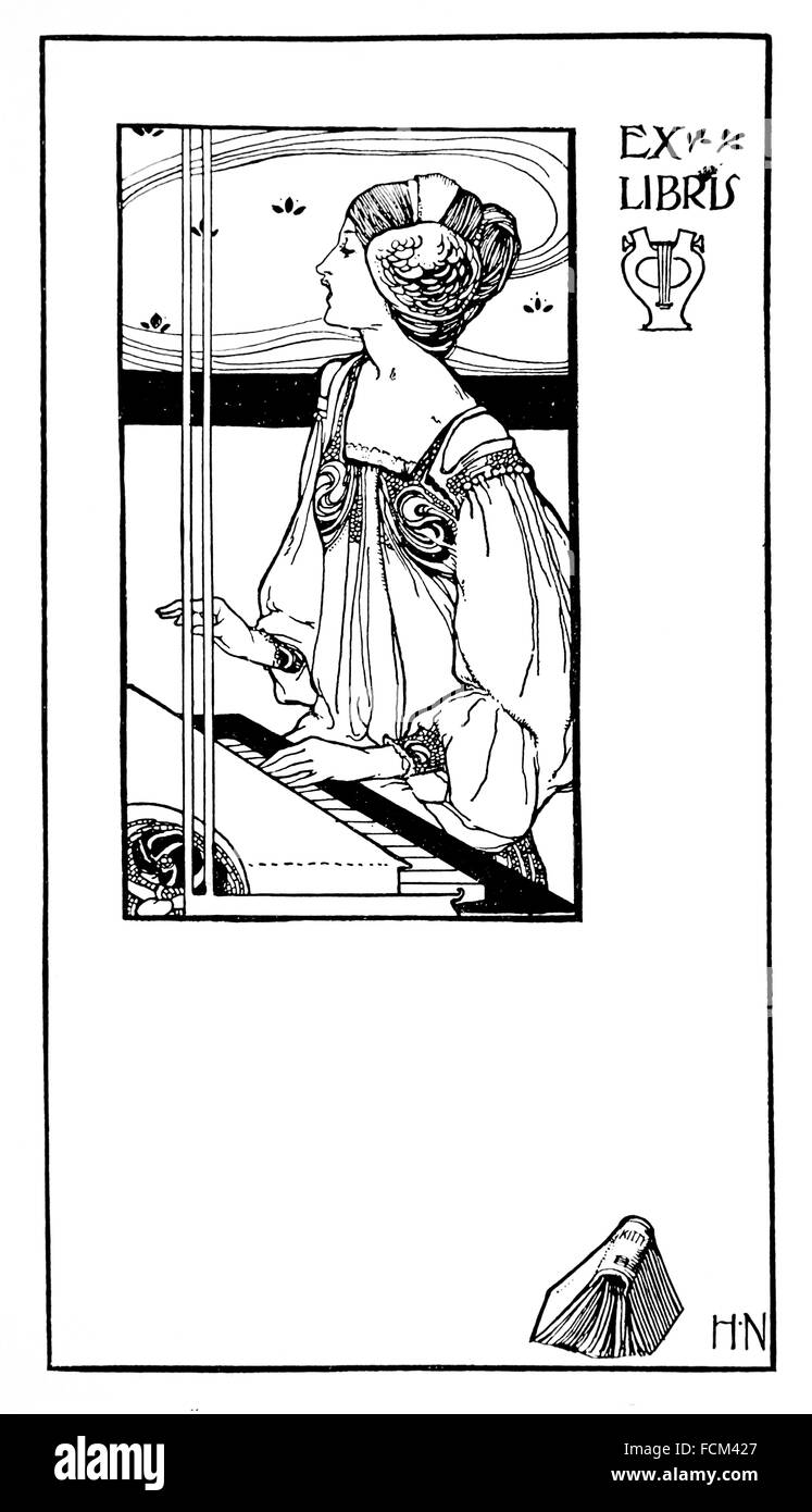 Frau spielt Klavier, Exlibris-Design von Harold Nelson, Linie Illustration aus 1900 Studio Magazin Wettbewerb Stockfoto