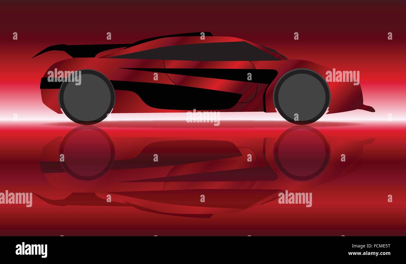 Ein schnelles Auto in Silhouette und Reflexion auf rotem Grund Stock Vektor