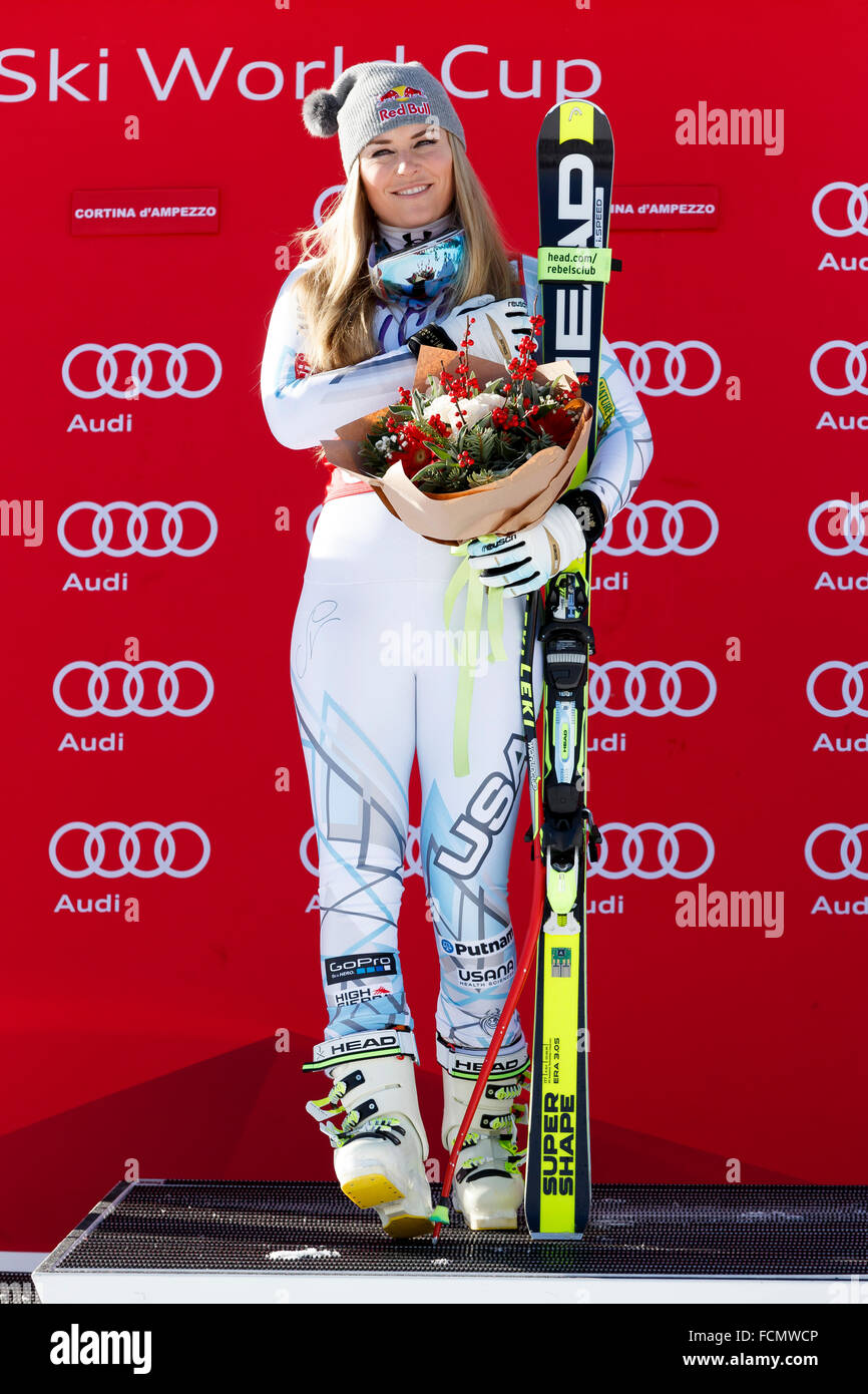 Cortina d ' Ampezzo, Italien 23. Januar 2016. Lindsey VONN (Usa) 1. findet während der Audi Fis Alpine Ski World Cup Women downhill Rennen Credit: MAURO DALLA POZZA/Alamy Live News Stockfoto