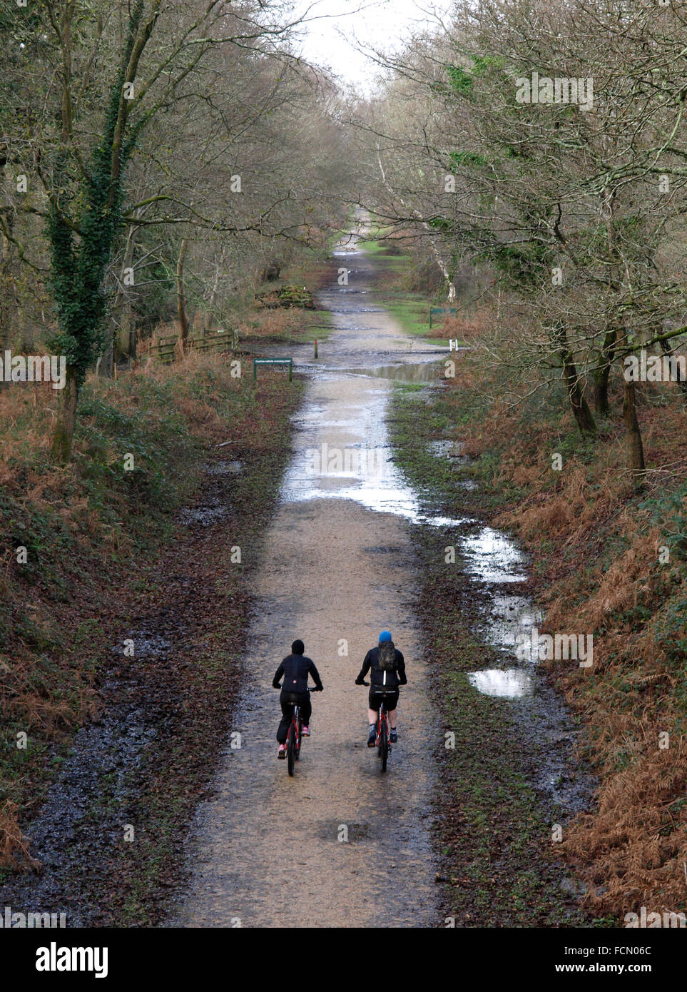 Zwei Radfahrer auf dem Mountainbike entlang einer stillgelegten Eisenbahnstrecke im Winter, New Forest, Hampshire, UK Stockfoto