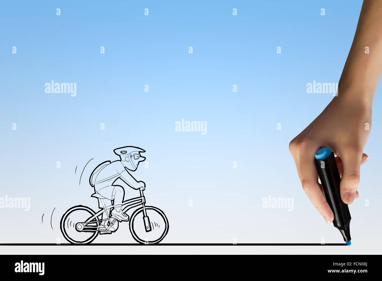 Karikatur des Menschen fahren Fahrrad und Menschenhand Linie zeichnen Stockfoto