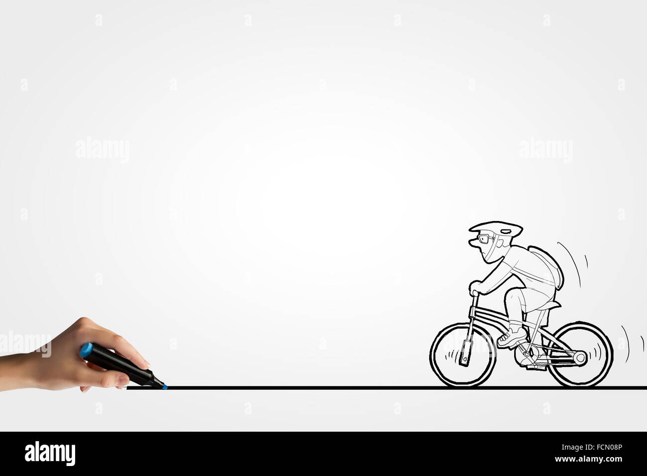 Karikatur des Menschen fahren Fahrrad und Menschenhand Linie zeichnen Stockfoto
