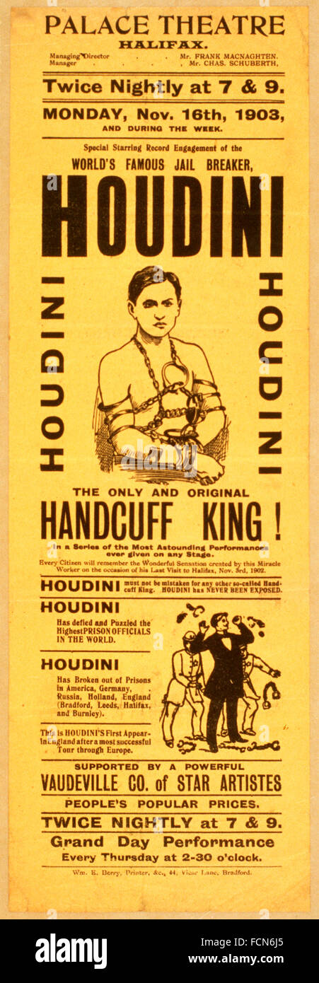 Ein 1903 Poster für eine Harry Houdini-Show im Palace Theatre in Halifax, England, UK Stockfoto