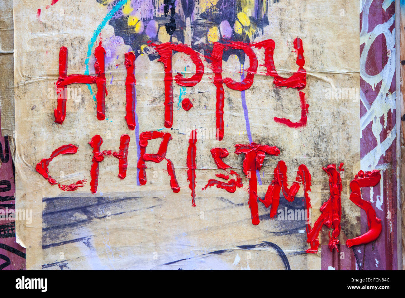 LONDON, UK - 13. Januar 2016: Hippie-Weihnachten auf einer städtischen Wand gemalt in London, am 13. Januar 2016. Stockfoto