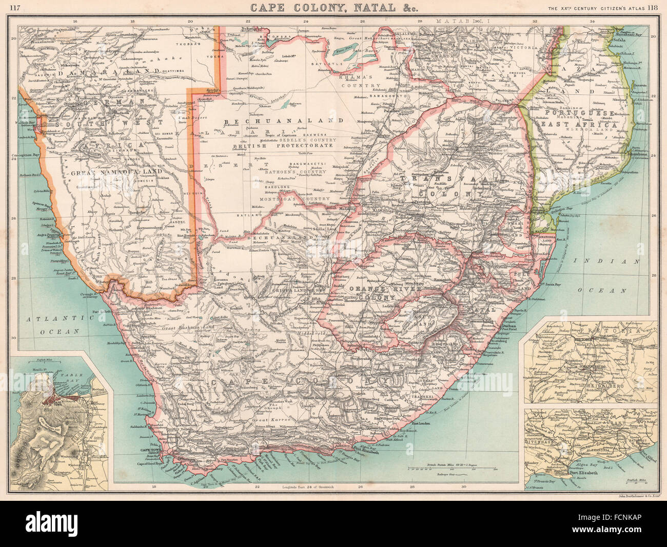 Afrika-S: Kap Kolonie Natal Betschuanaland Orange River Kolonie Transvaal, 1901-Karte Stockfoto