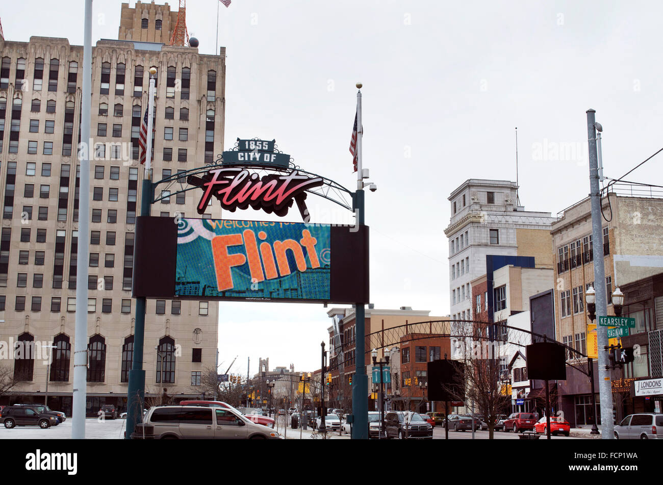 Die Innenstadt von Flint, Michigan Digital Zeichen Stockfoto