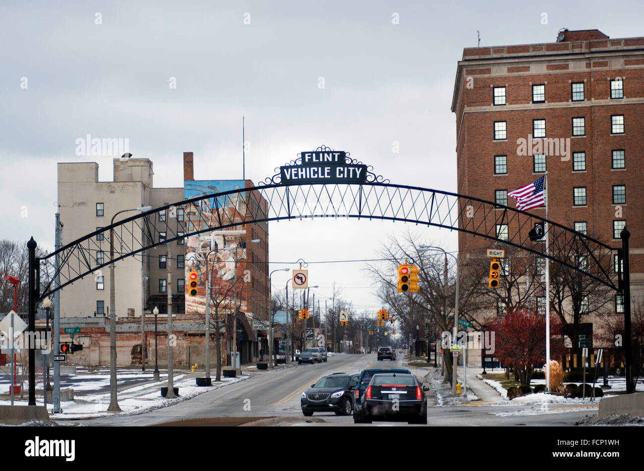 Flint Fahrzeug Stadt, Schild über der Innenstadt von Flint, Michigan, USA Stockfoto