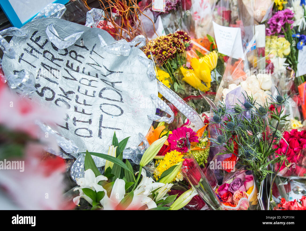 öffentliche Gedenkstätte außerhalb Musiksymbol ist Bowies Haus in New York City, nach seinem Tod am 10. Januar 2016 Stockfoto