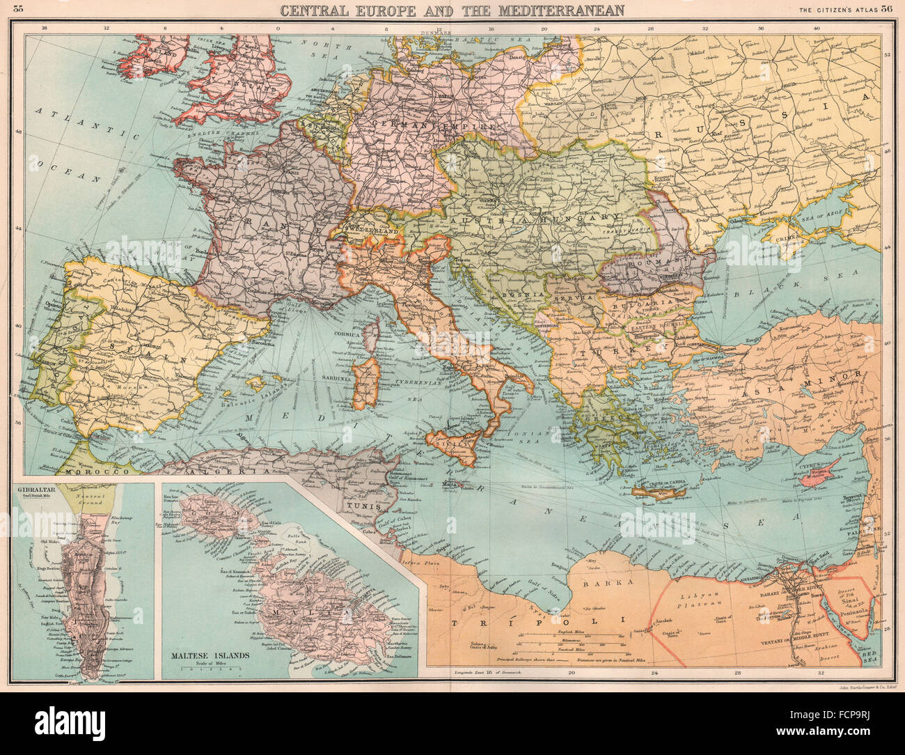 SÜDLICHEN Europa & Mittelmeer: Einpresstiefe Gibraltar & Malta. Bartholomäus, 1898-Karte Stockfoto