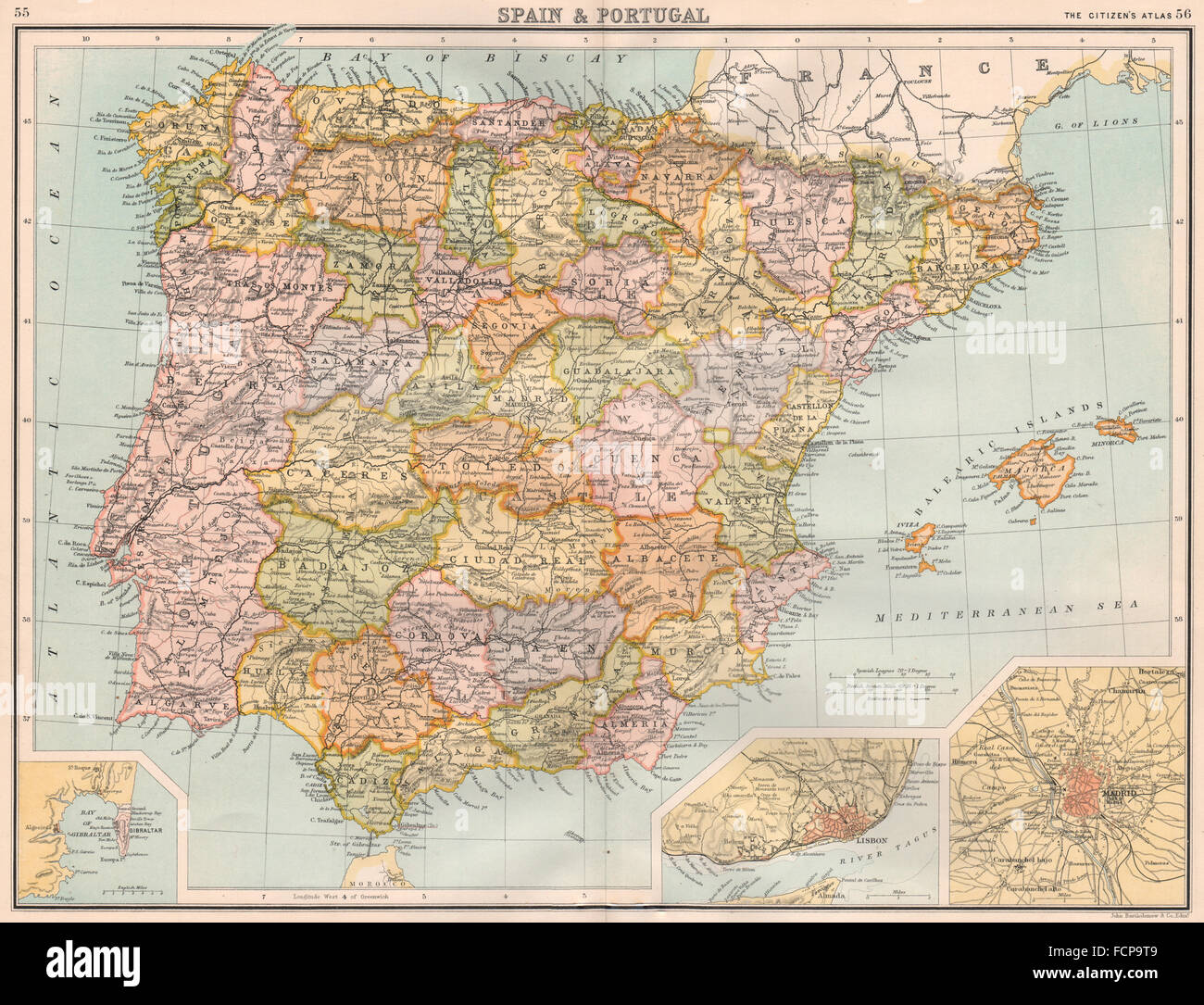 IBERIA: Spanien & Portugal; Inset Gibraltar; Lissabon; Madrid. Bartholomäus, 1898-Karte Stockfoto