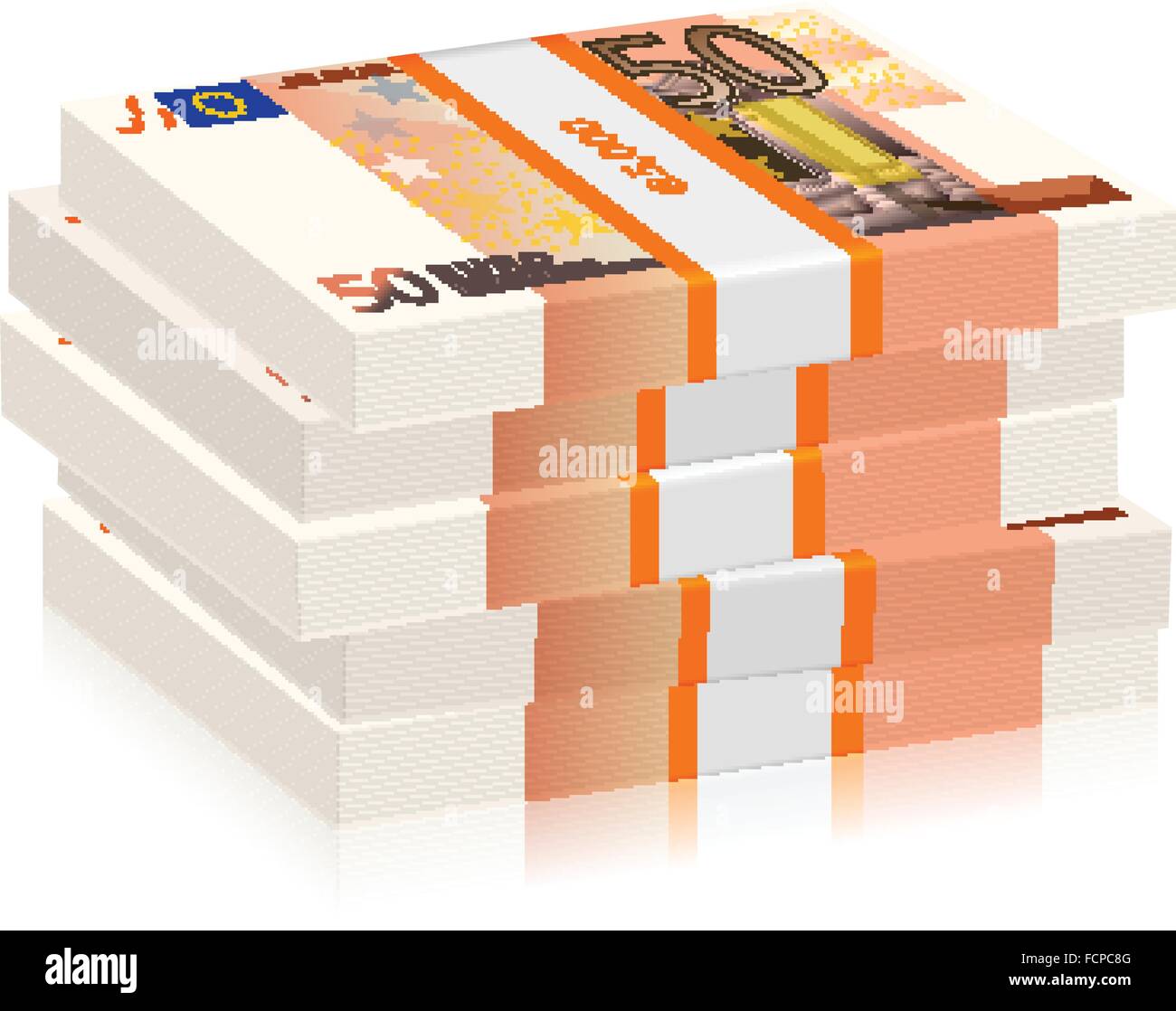 Fünfzig Euro Banknoten Stacks auf einem weißen Hintergrund. Vektor-Illustration. Stock Vektor