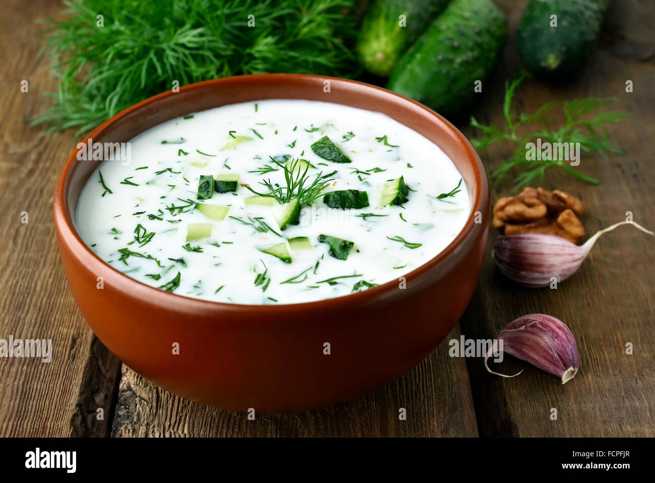 Joghurt-Suppe mit Gurken, Dill und Walnüssen Stockfoto
