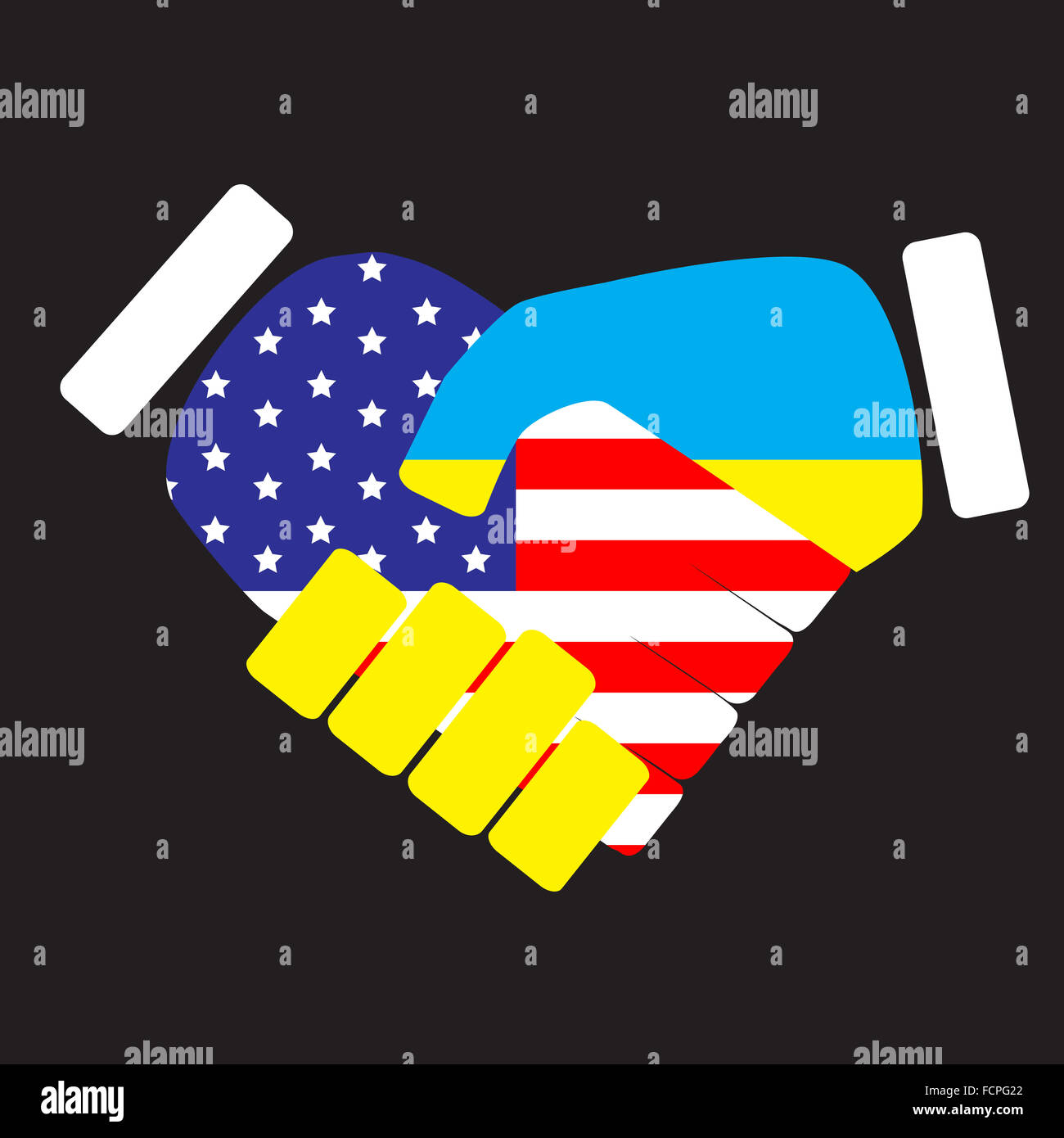 Symbol-Zeichen-Handshake-USA und der Ukraine. Flagge der Ukraine Zusammenarbeit Freundschaft, Nation Handshake mit Usa, Abkommen mit Staaten Stockfoto