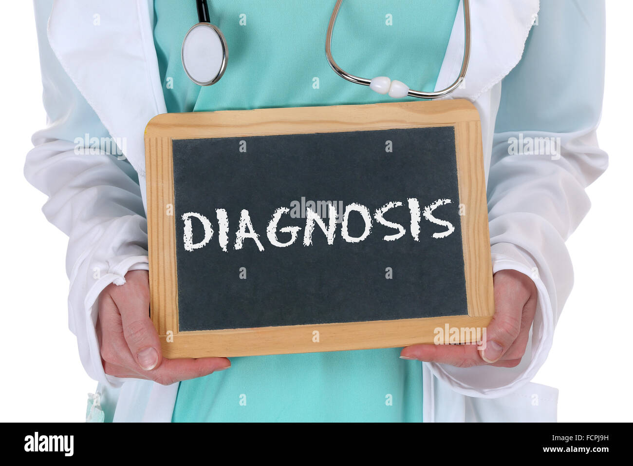 Diagnose-Krankheit krank Krankheit gesund Gesundheit-Check-Up Screening Arzt mit Schild Stockfoto
