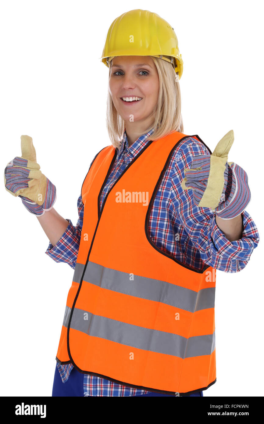 Junge weibliche Bau Arbeiter Frau Arbeit Daumen hoch isoliert auf weißem Hintergrund Stockfoto