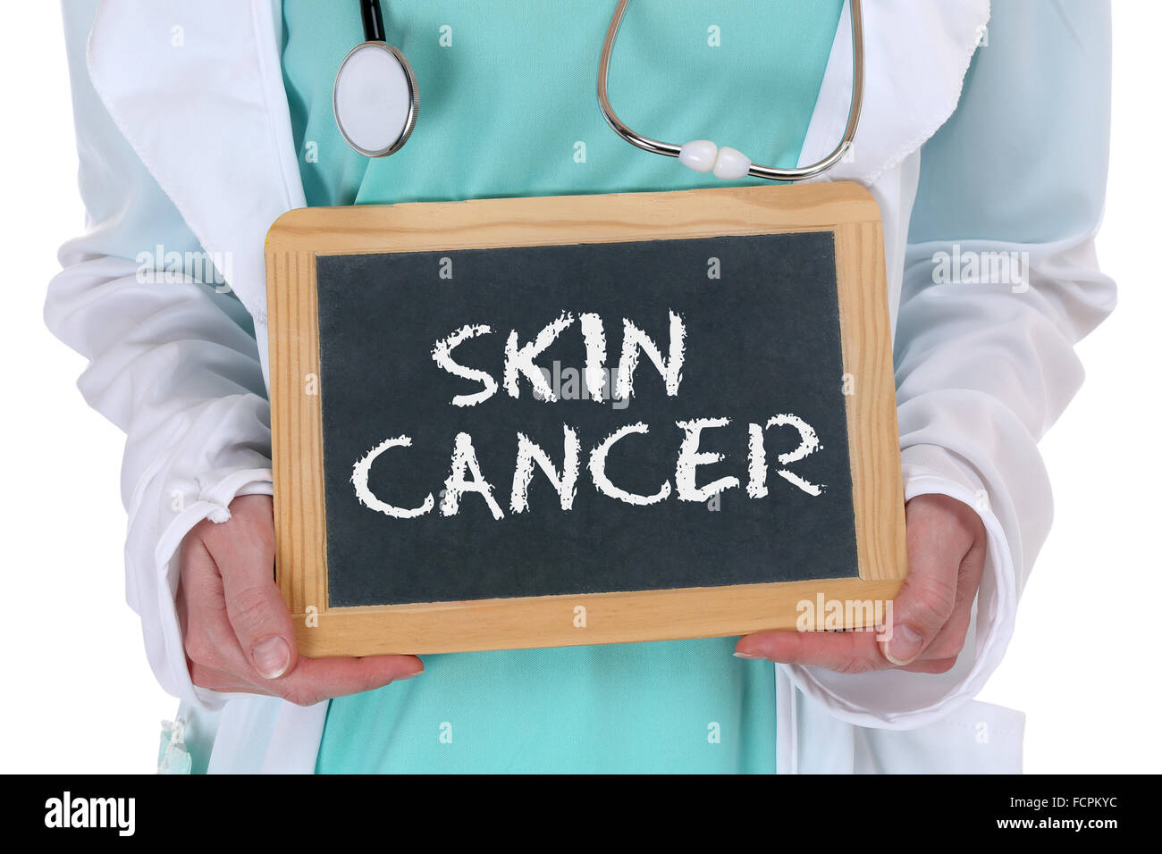 Haut Krebs Bewusstsein Krankheit krank Krankheit gesund Gesundheit Arzt mit Schild Stockfoto