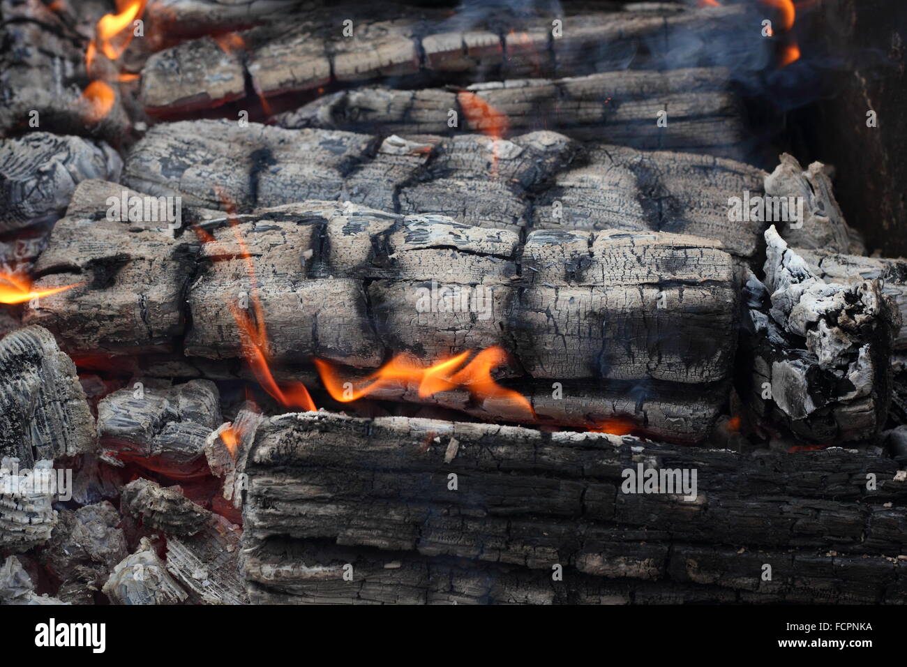 Flamme auf heiße live Holzkohle extreme Nahaufnahme Foto Stockfoto