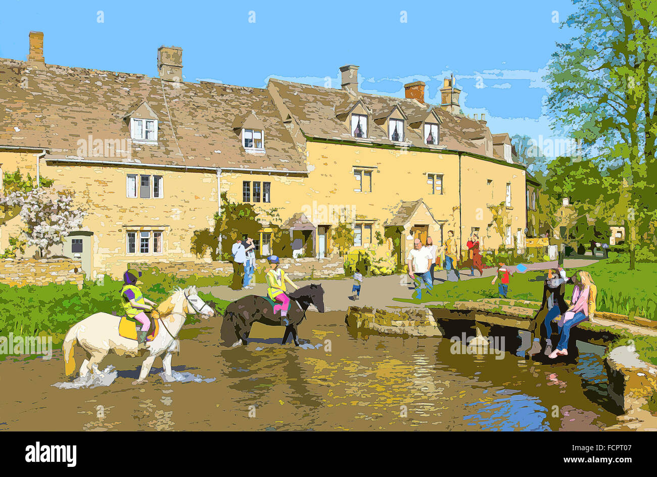 Ein Plakat Stil Illustration aus einem Foto von Cotswold Dorf Lower Slaughter, Gloucestershire, England, UK Stockfoto