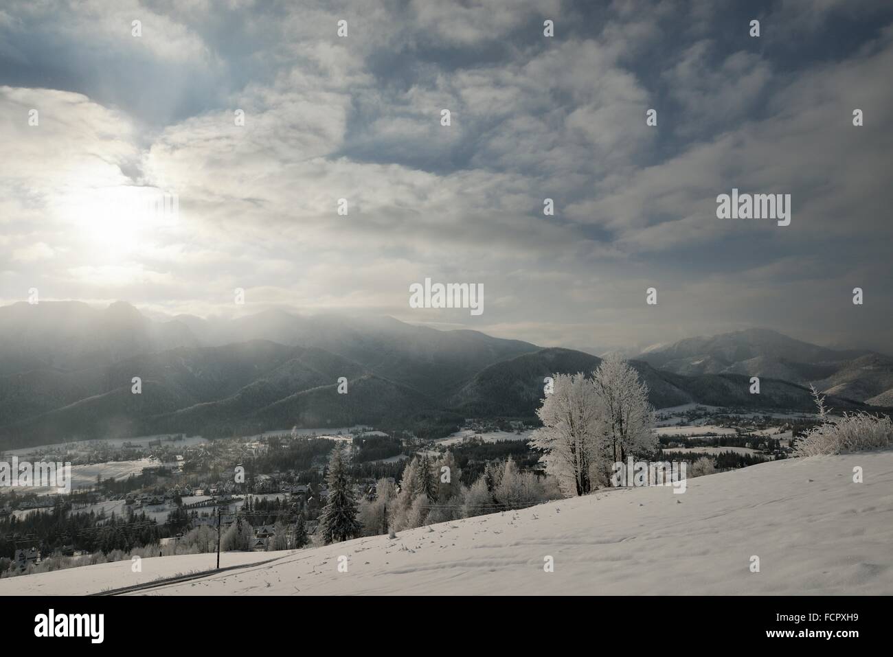 Winter-Blick von Zakopane und Tatra-Gebirge aus Koscielisko, Polen Stockfoto