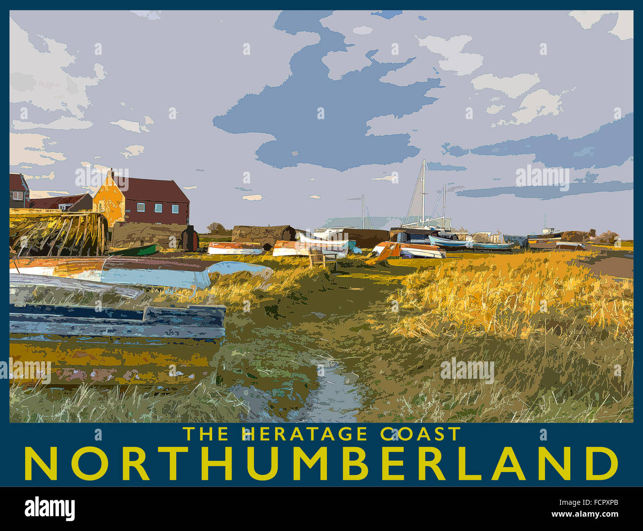 Ein Plakat Stil Illustration aus einem Foto von Lindisfarne Bay bei Sonnenuntergang, Northumberland, England, UK Stockfoto
