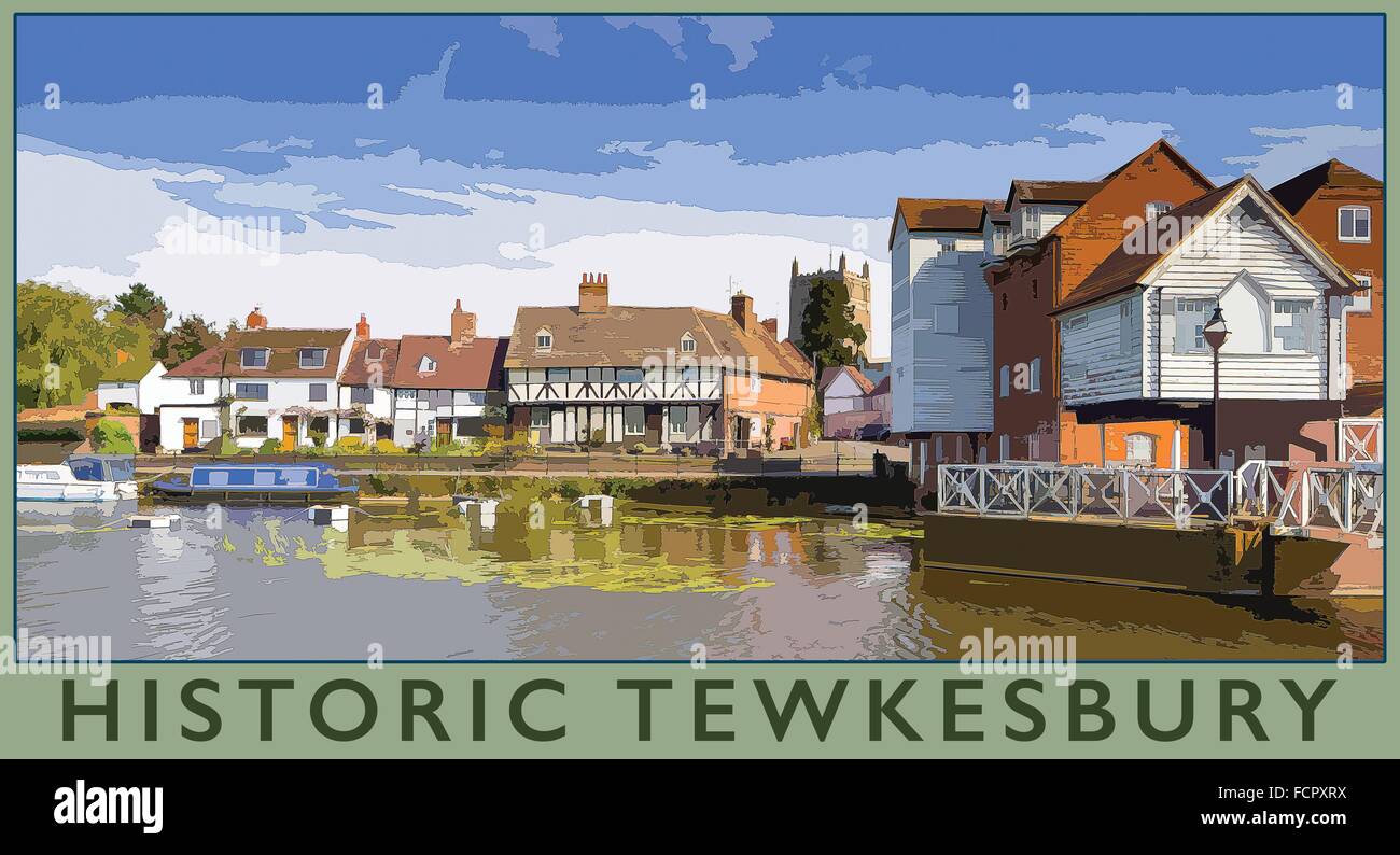 Ein Plakat Stil Illustration aus einem Foto der Abtei Wassermühle auf der Mühle Avon, Tewkesbury, England, UK Stockfoto