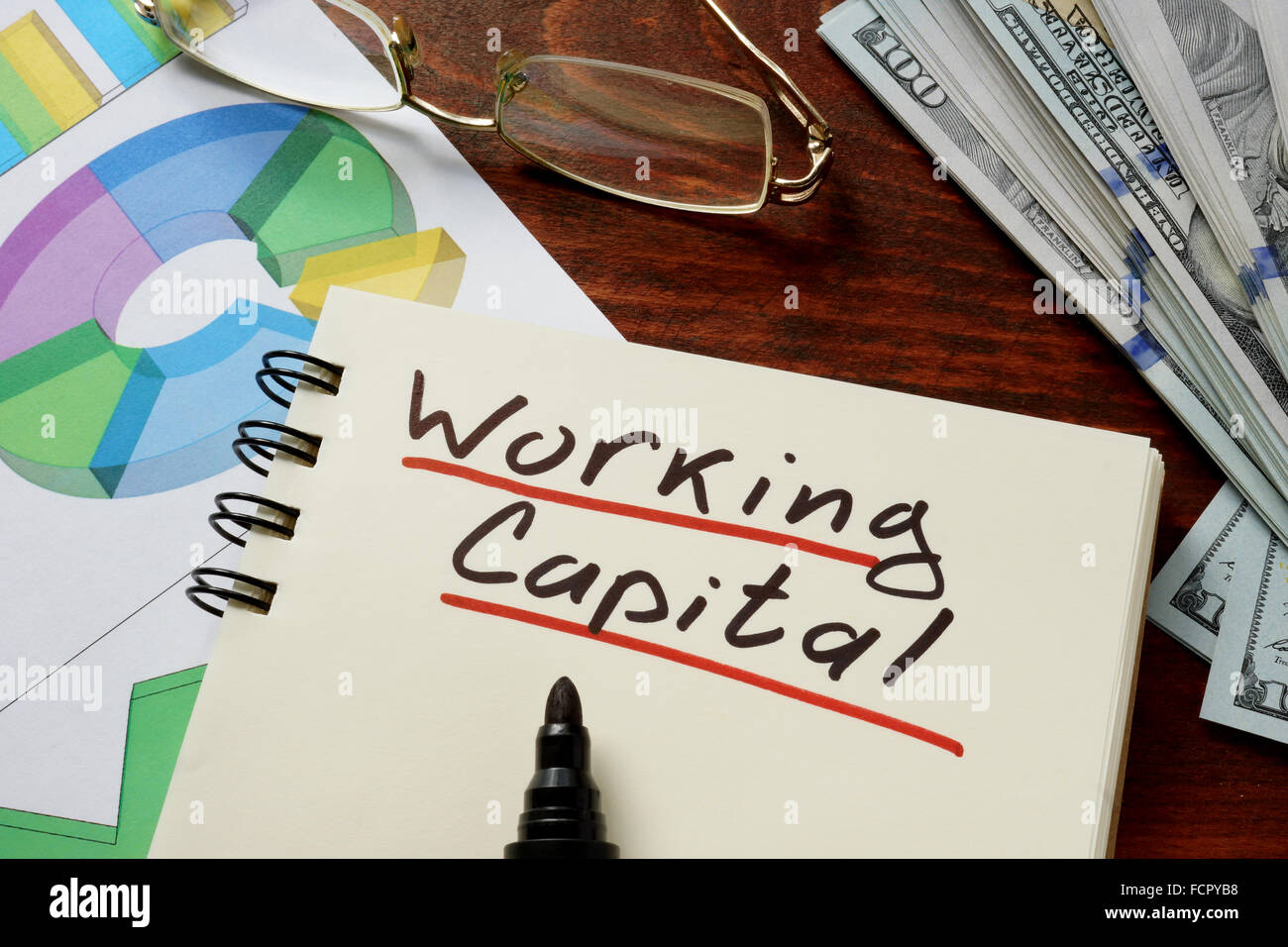 Working-Capital-Konzept auf dem Papier mit Diagrammen. Stockfoto