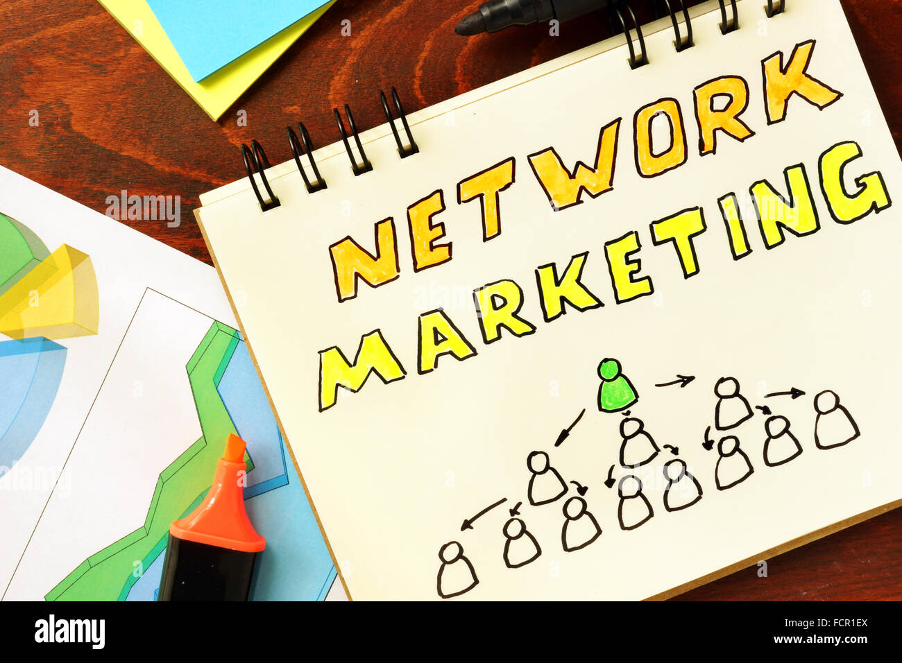 Notizblock mit Network-marketing auf dem Holztisch. Stockfoto
