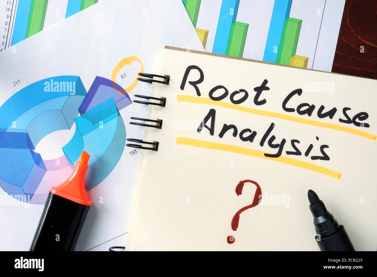 Notizblock mit RCA - Root Cause Analysis auf dem Holztisch. Stockfoto