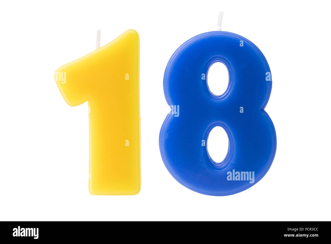 Bunte Geburtstagskerzen in Form von die Nummer 18 auf weißem Hintergrund Stockfoto
