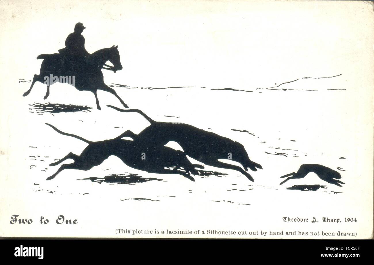 Postkarte von Hase coursing mit dem Titel, zwei zu eins zeigt ein Faksimile einer Silhouette, die von hand geschnitten Stockfoto