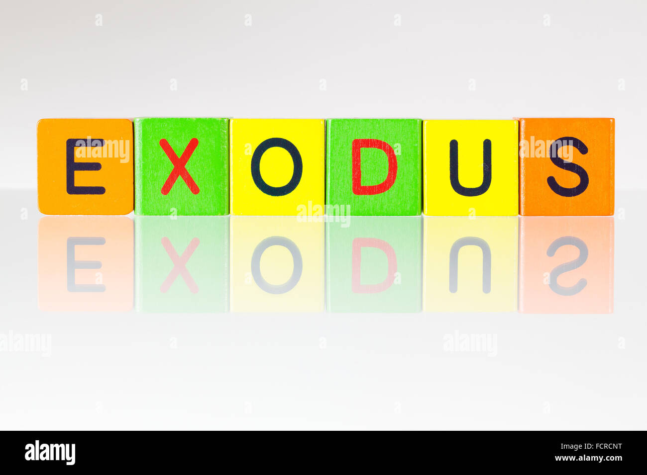 Exodus - eine Inschrift aus Holzklötzen Kinder- Stockfoto