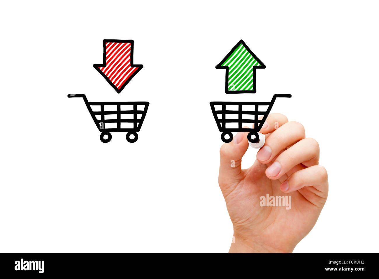 Hand-Zeichnung kaufen oder verkaufen Karren-shopping-Konzept mit Markierung auf transparente wischen Board. Stockfoto