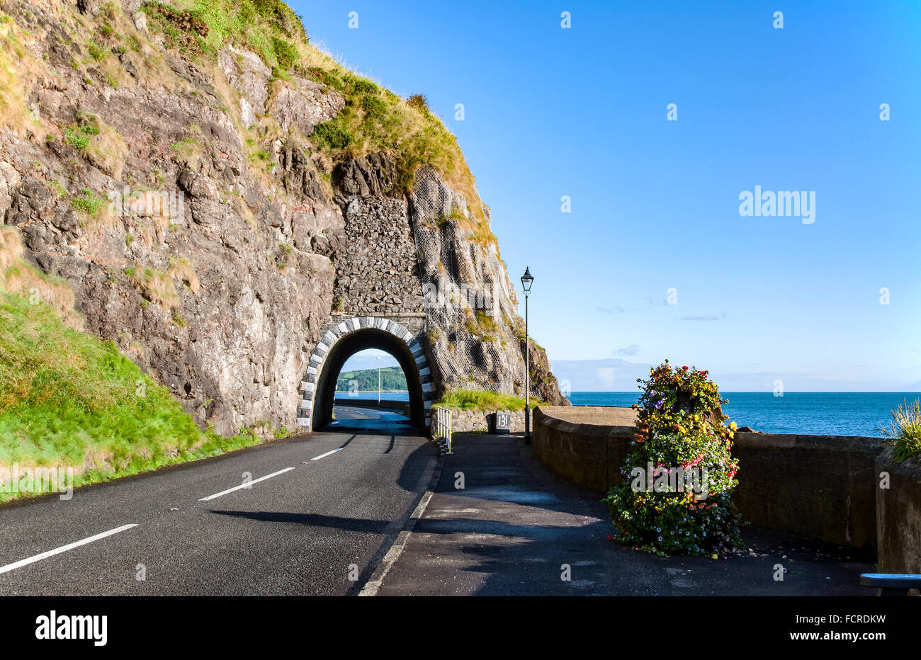 Küstenstraße mit einem Tunnel in County Antrim, Nordirland, im Sonnenaufgang Licht Stockfoto