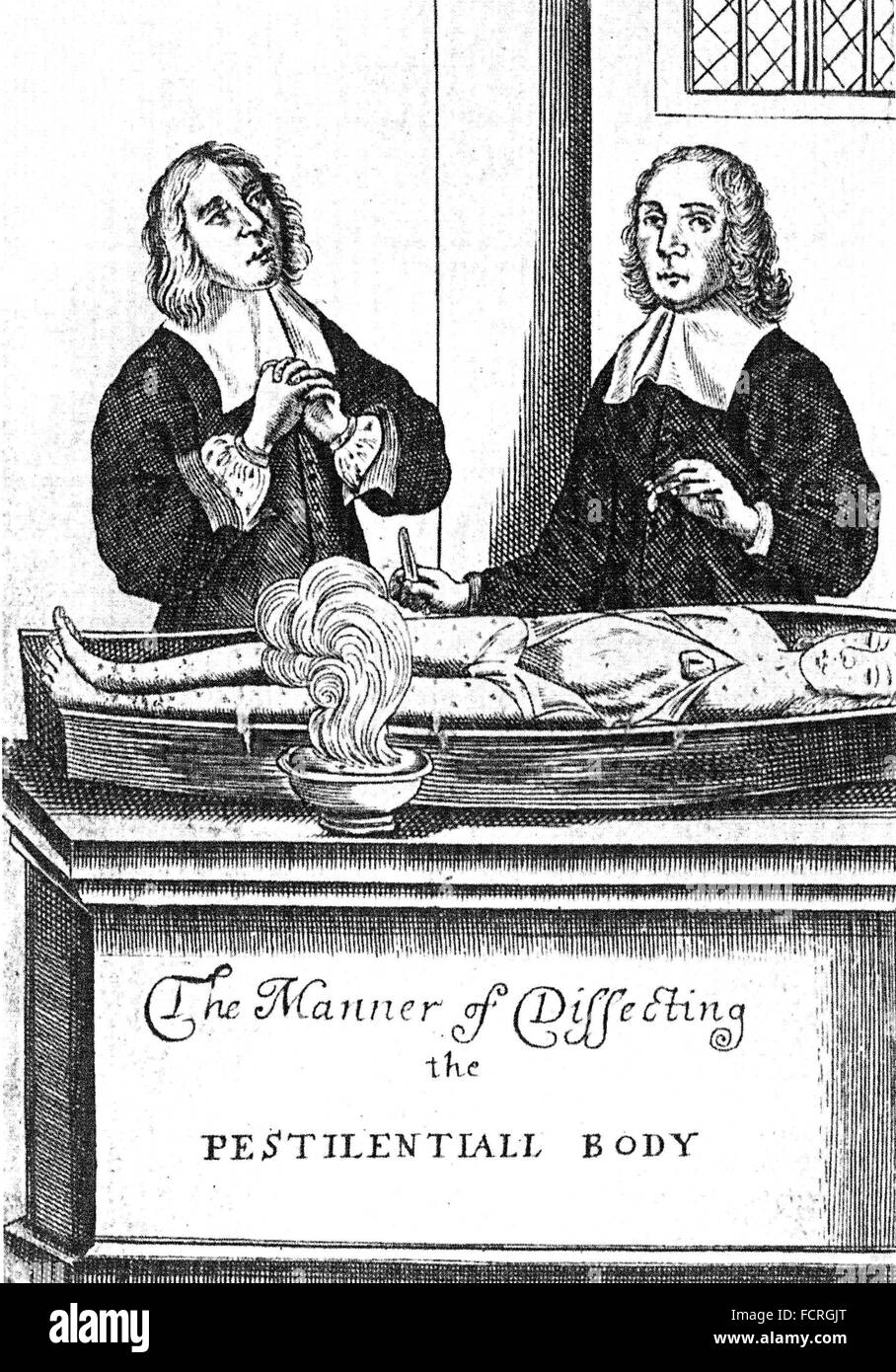 Englischer Arzt GEORGE THOMSON (c 1619-1676). Frontespiece seine 1665-Broschüre zeigt, wie man ein mutmaßlicher Opfer der Pest zu sezieren Loimologia Stockfoto