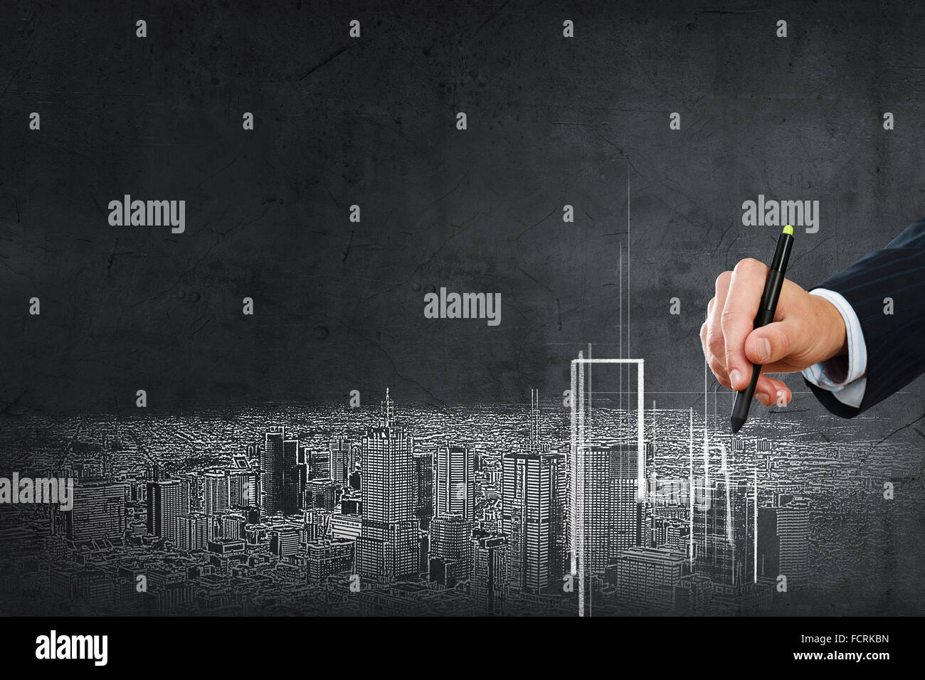 Nahaufnahme von Hand Zeichnung städtischen Gebäuden mit marker Stockfoto