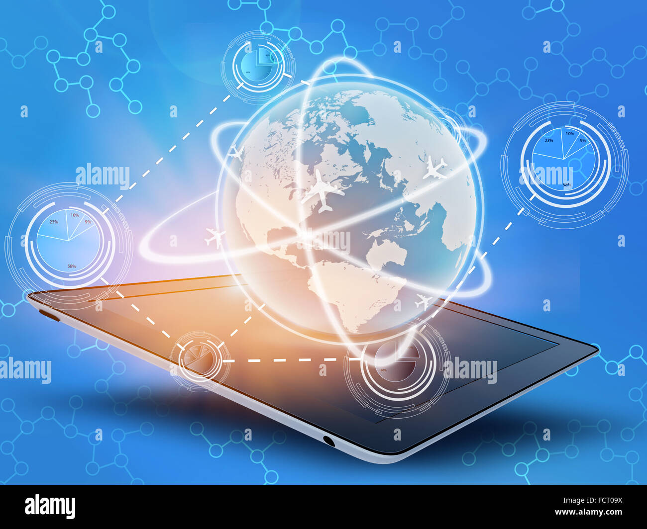 Tablet und Globus mit Kreisdiagramm kombinieren im Netz. Stockfoto