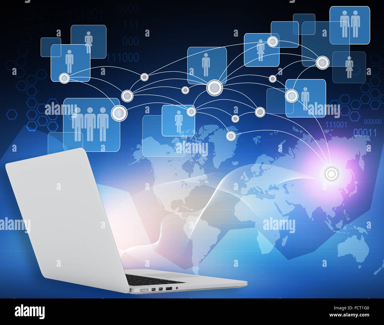 Laptops und Welt Karte Verbindungspunkte im Netzwerk mit Symbolen des Menschen. Stockfoto