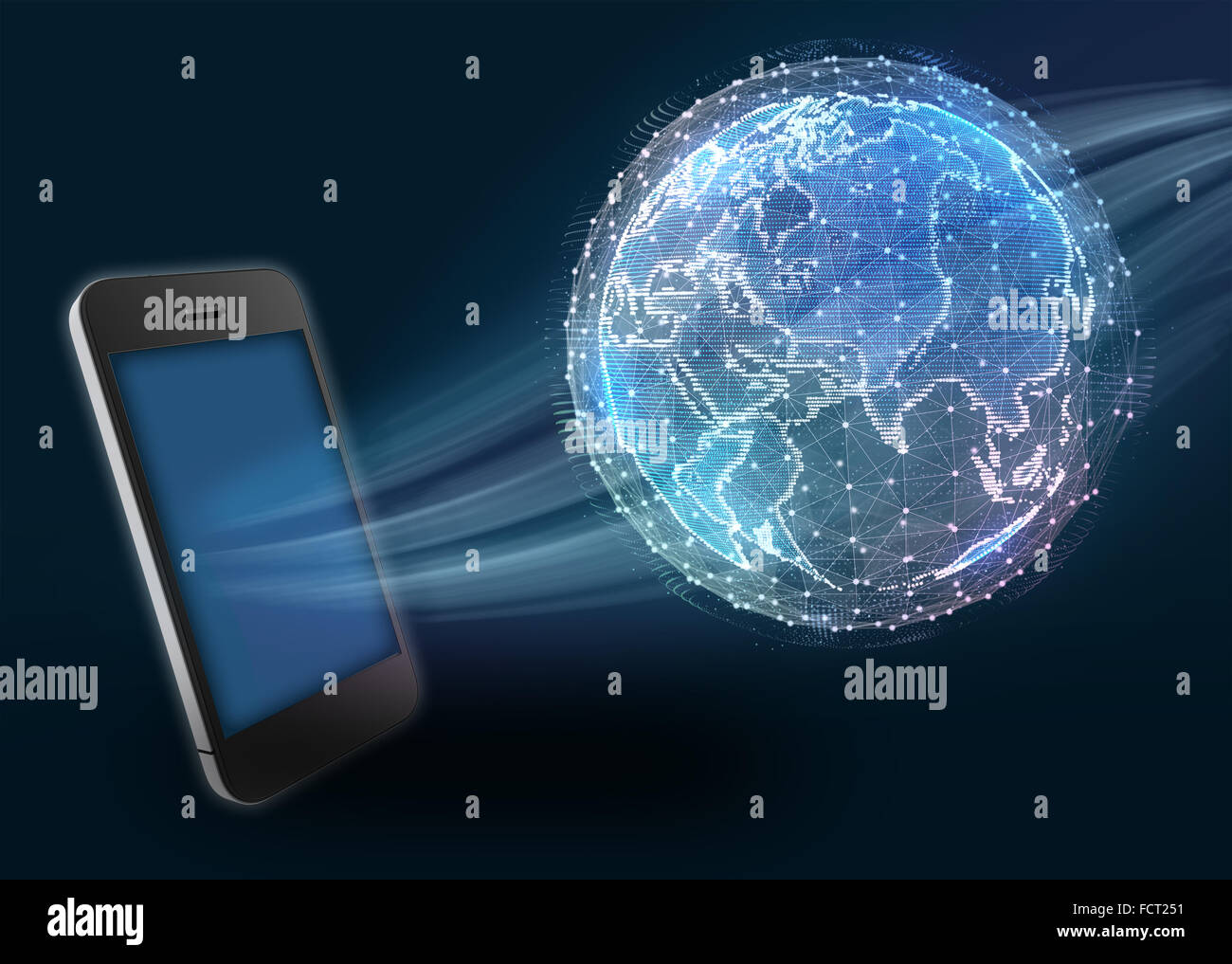 Telefon und digitale Weltkarte der globalen Telekommunikationsnetz Stockfoto