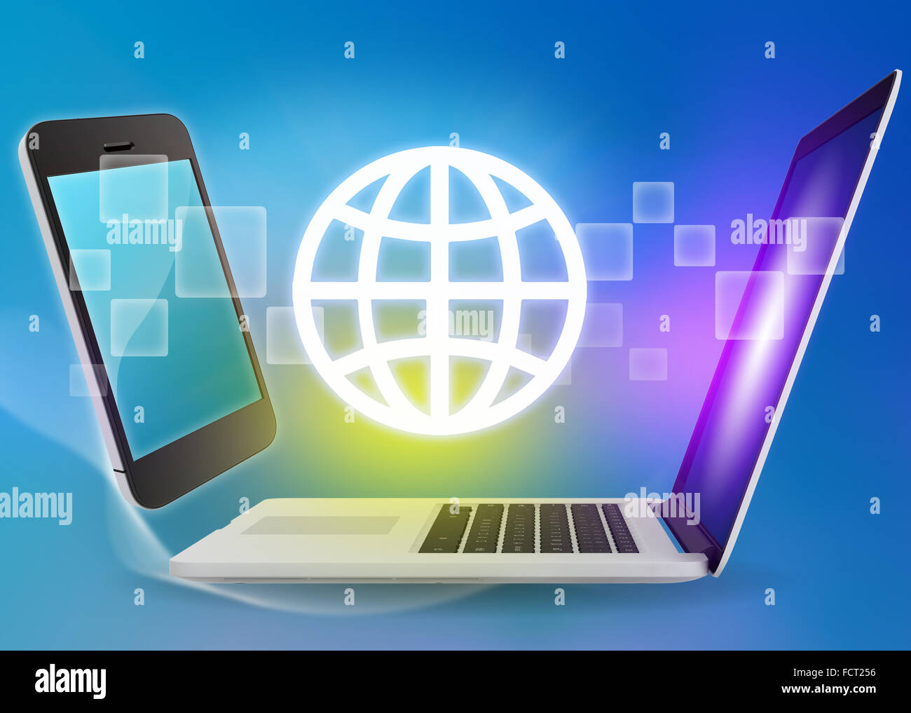 Laptop und Handy mit Globus-Symbol auf blauem Hintergrund Stockfoto