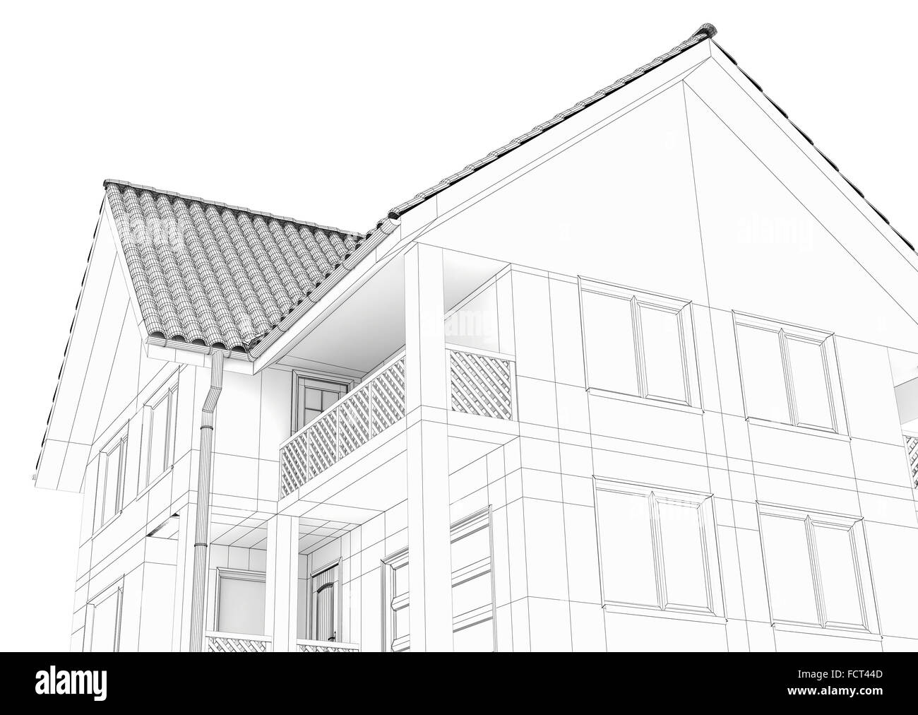 Abbildung eines Hauses. Schwarze Linien zeichnen. Stockfoto