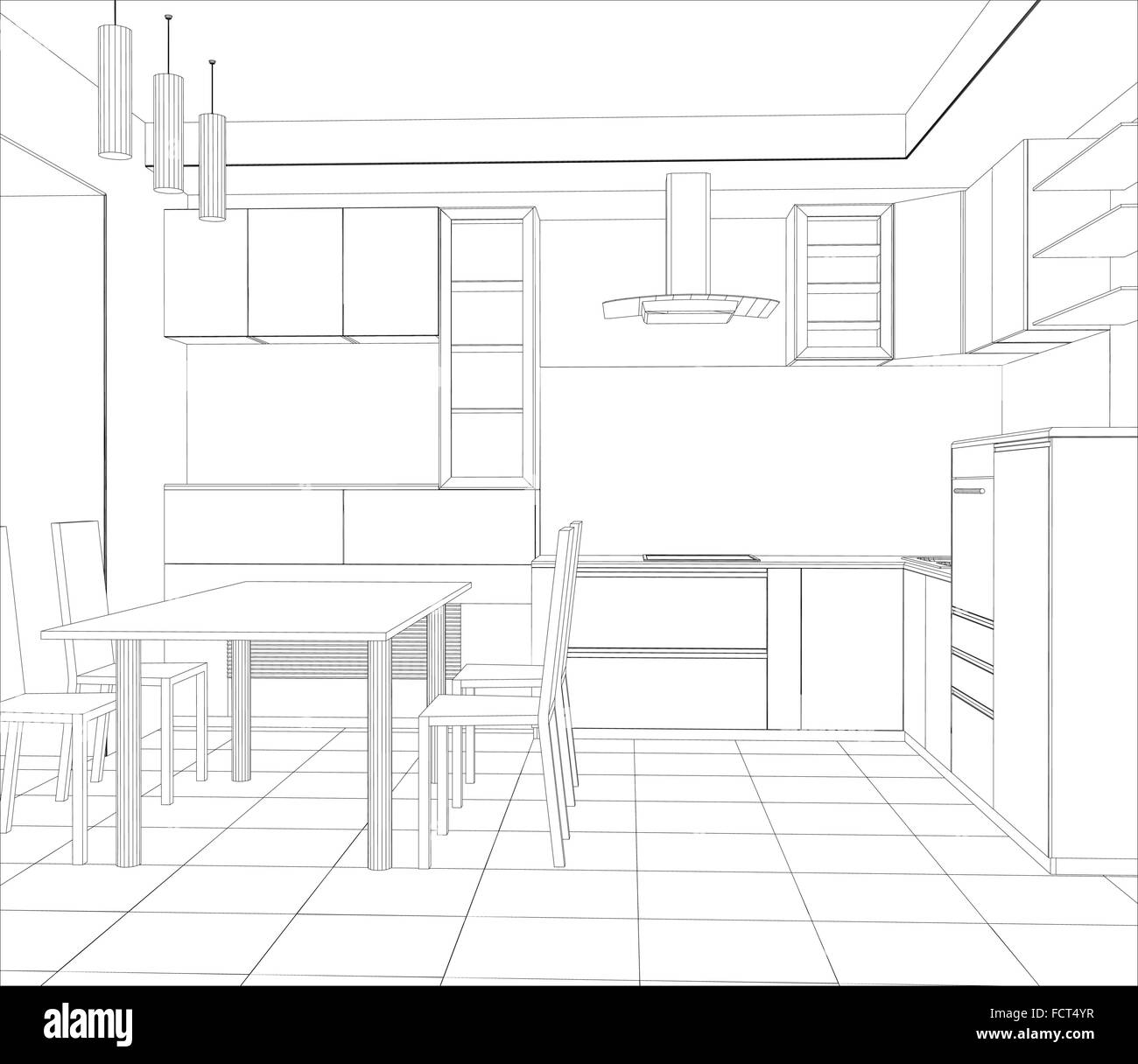 Abstrakte Skizze Design interior Küche. Erstellt von 3d Illustration Stock Vektor