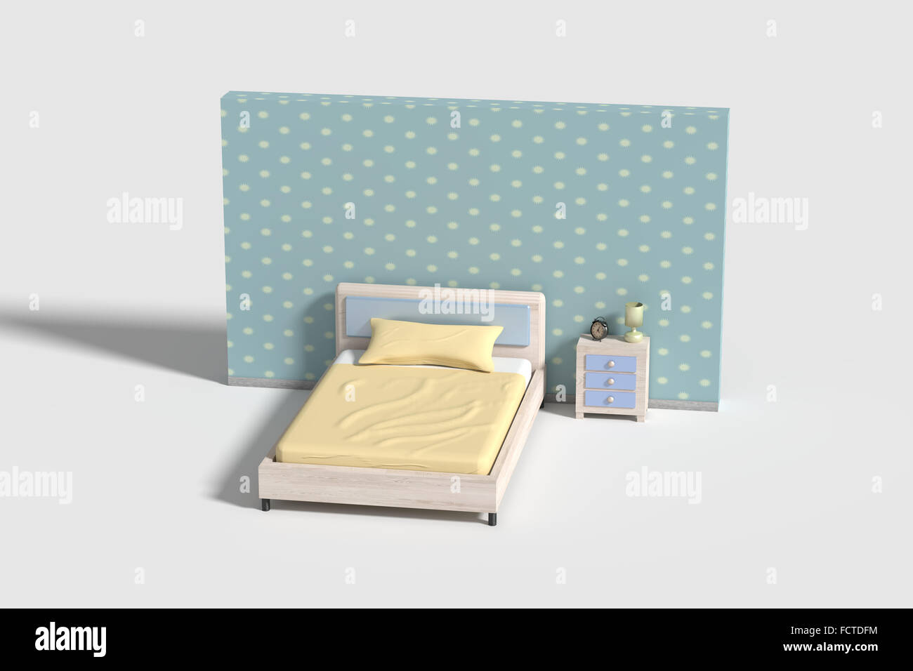 3D Rendeing von einem Schlafzimmer Innenraum in weißen, blauen und gelben Farben. Abbildung Stockfoto