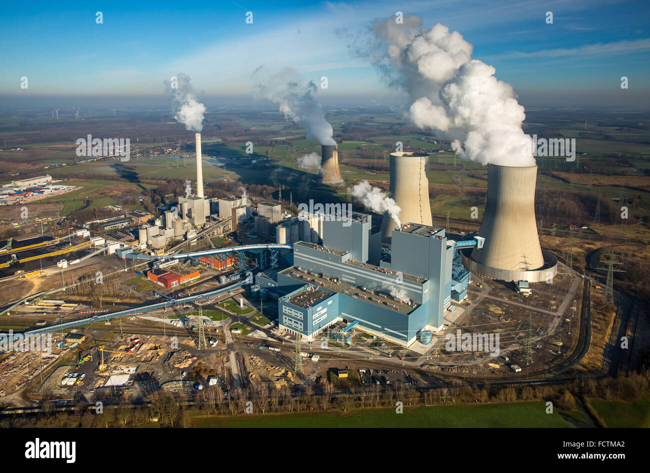 Luftaufnahme, plant Kraftwerk Westfalen RWE Power, Kohle-Kraftwerk, einem ehemaligen Kernkraftwerk THTR Hamm-Uentrop, Welver, Ruhrgebiet Stockfoto