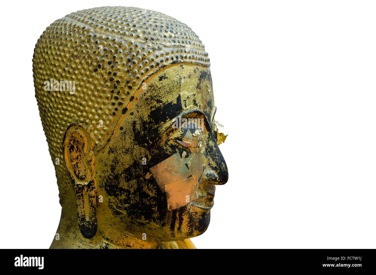 Buddha Statue Gesicht hautnah. Bild aufgenommen am Wat Bang Pli Yai, Samutprakran Thailand. Stockfoto