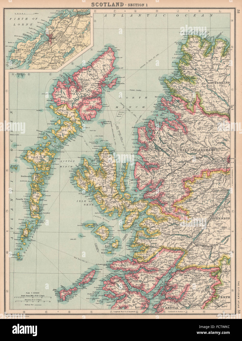 WESTERN ISLES/Schottland WEST: Harris Lewis Uist Skye. Oban. Bartholomäus, 1924 Karte Stockfoto