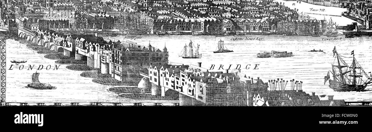 OLD LONDON BRIDGE aus einer 1682-Panorama-Gravur Stockfoto