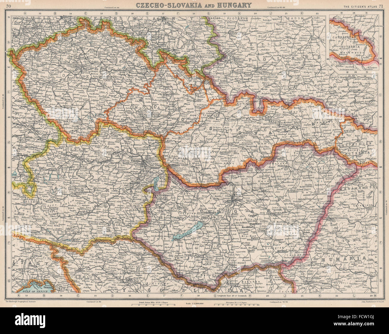 Ungarn & Tschechoslowakei: beinhaltet Karpaten Ruthenien (abgetreten 1945), 1924 Karte Stockfoto Ungarn & Tschechoslowakei: beinhaltet Karpaten Ruthenien (abgetreten 1945), 1924 Karte Stockfoto